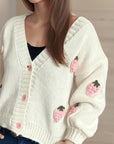 Crochet Strawberry V-Neck Long Sleeve Cardigan