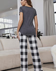 Curved Hem Short Sleeve Top and Plaid Pants Lounge Set