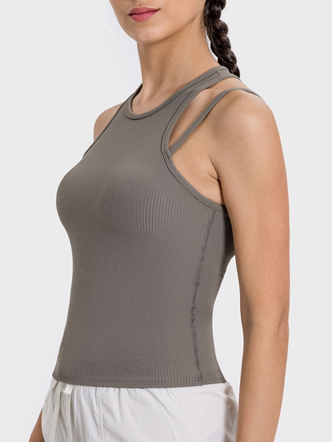 Light Gray Cutout Round Neck Racerback Active Tank