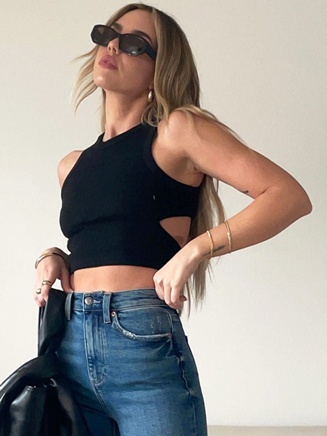 Dark Slate Gray Cutout Round Neck Tank