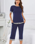 Round Neck Short Sleeve Top and Capris Pants Lounge Set