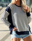 Slit Exposed Seam Striped Long Sleeve Sweatshirt