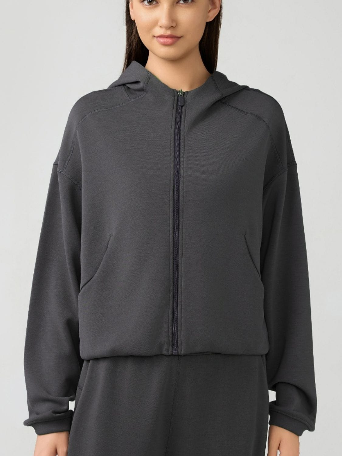 Light Gray Zip Up Dropped Shouder Active Hooded