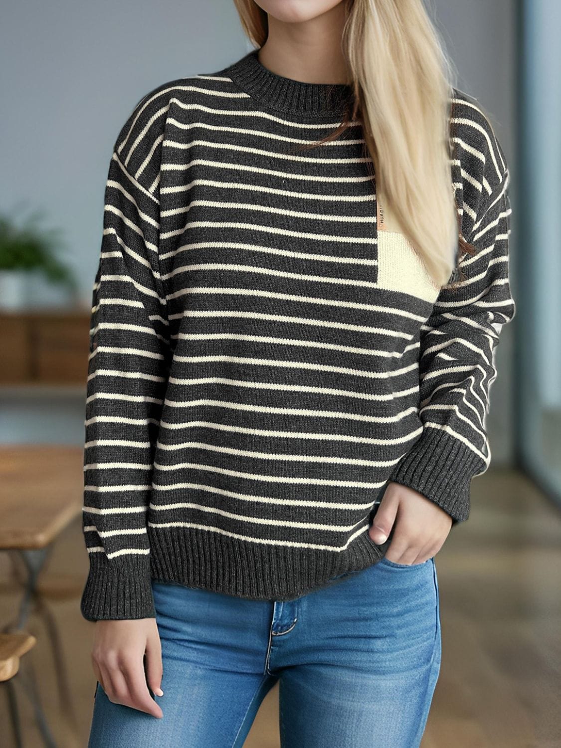 Striped Mock Neck Long Sleeve Sweater