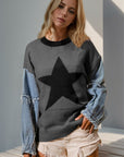 Double Take Full Size Star Pattern Raw Edge Long Sleeve Sweater