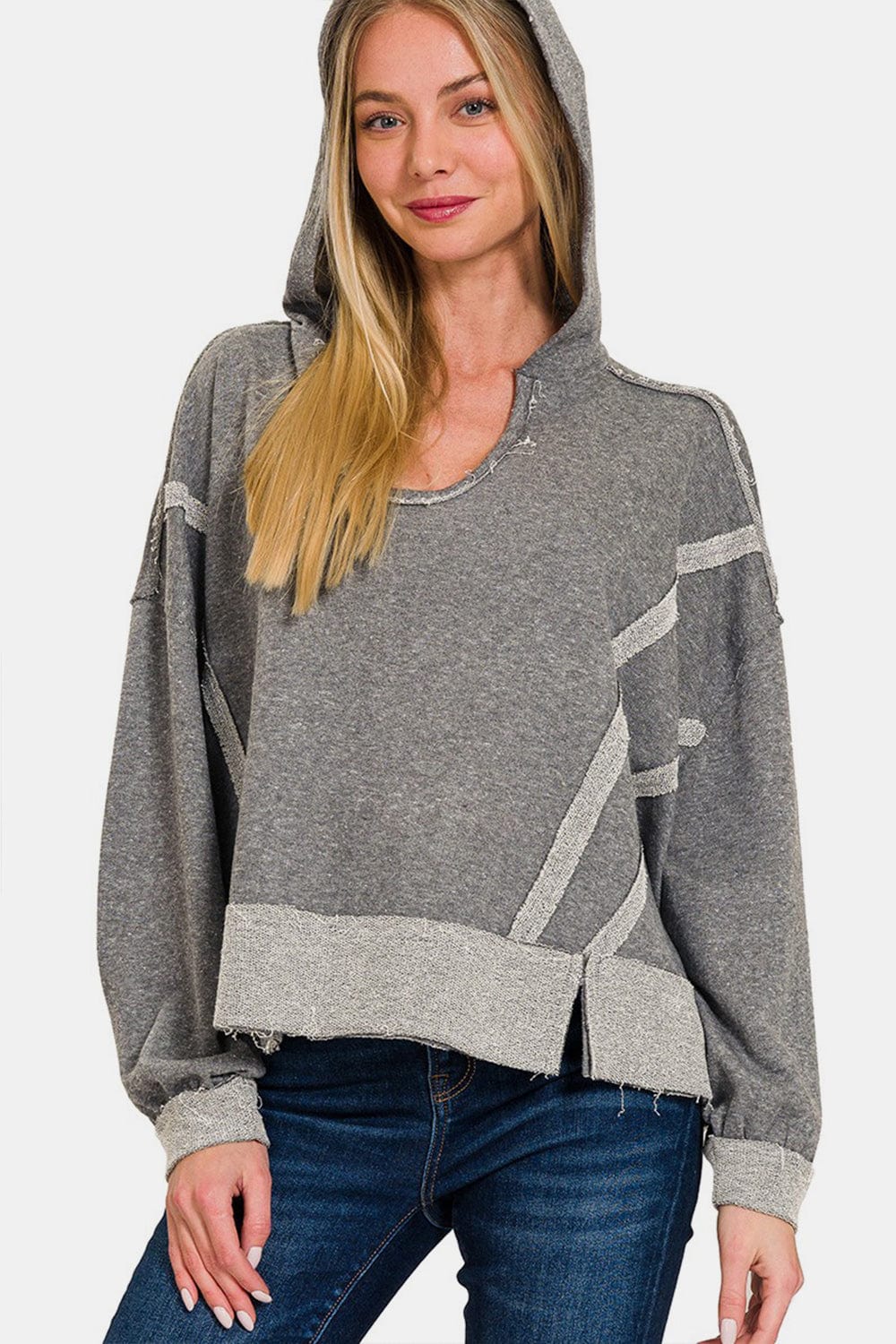 Light Gray Zenana Contrast Trim Slit Hoodie