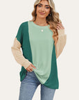 Double Take Texture Contrast Round Neck Long Sleeve T-Shirt