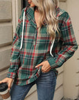 Drawstring Plaid Hooded Long Sleeve Top