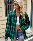 Dark Slate Gray Plaid Collared Neck Long Sleeve Shirt