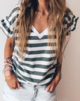 Striped V-Neck Flounce Sleeve Top