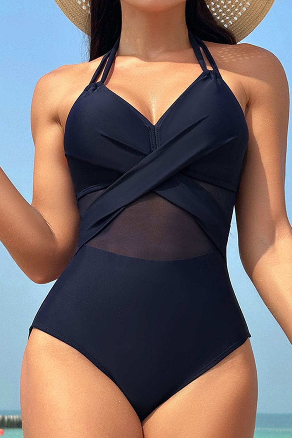 Black Crisscross Halter Neck One-Piece Swimwear