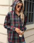 Drawstring Plaid Hooded Long Sleeve Top