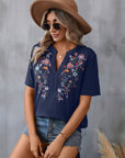 Light Slate Gray Embroidered Notched Short Sleeve T-Shirt