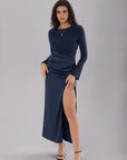 Split Round Neck Long Sleeve Midi Dress