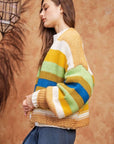 Davi & Dani Contrast Striped Open Front Lantern Sleeve Cardigan