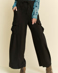 Davi & Dani Drawstring Ruched Detail Wide Leg Pants