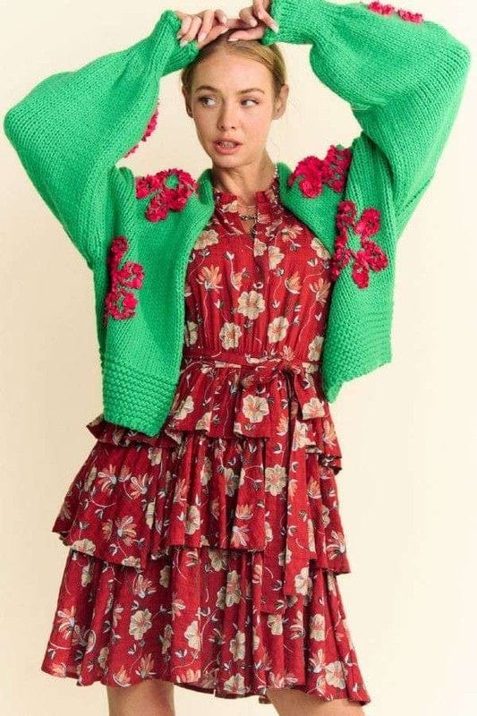 Davi &amp; Dani Floral Applique Open Front Drop Shoulder Cardigan