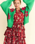 Davi & Dani Floral Applique Open Front Drop Shoulder Cardigan