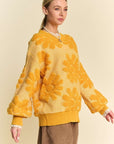 Davi & Dani Flower Texture Round Neck Dropped Shoulder Sweater