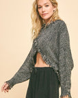 Davi & Dani Fringe Hem Overlapping Asymmetrical Crop Sweater