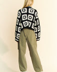 Davi & Dani Full Size Two Tone Flower Square Crochet Open Front Cardigan