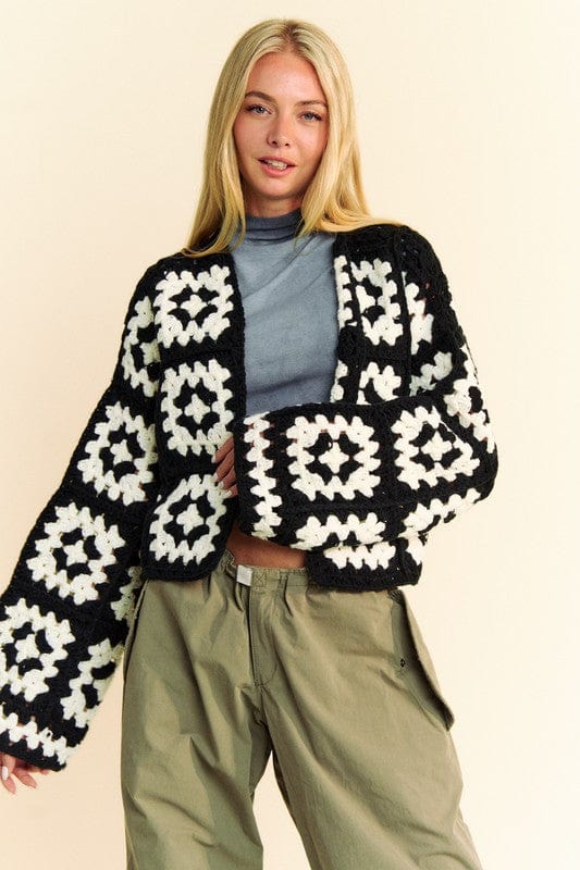 Davi &amp; Dani Full Size Two Tone Flower Square Crochet Open Front Cardigan