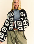 Davi & Dani Full Size Two Tone Flower Square Crochet Open Front Cardigan