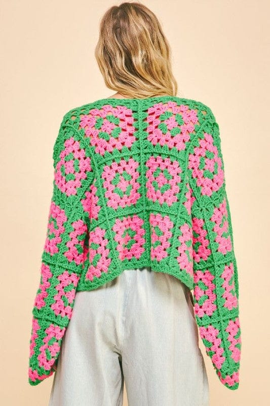 Davi &amp; Dani Full Size Two Tone Flower Square Crochet Open Front Cardigan