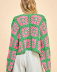 Davi & Dani Full Size Two Tone Flower Square Crochet Open Front Cardigan