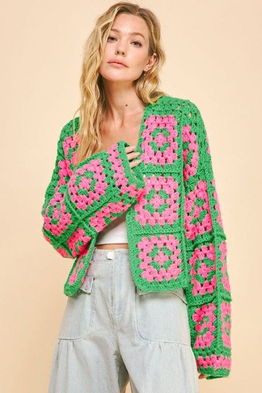 Davi &amp; Dani Full Size Two Tone Flower Square Crochet Open Front Cardigan