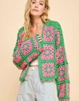 Davi & Dani Full Size Two Tone Flower Square Crochet Open Front Cardigan