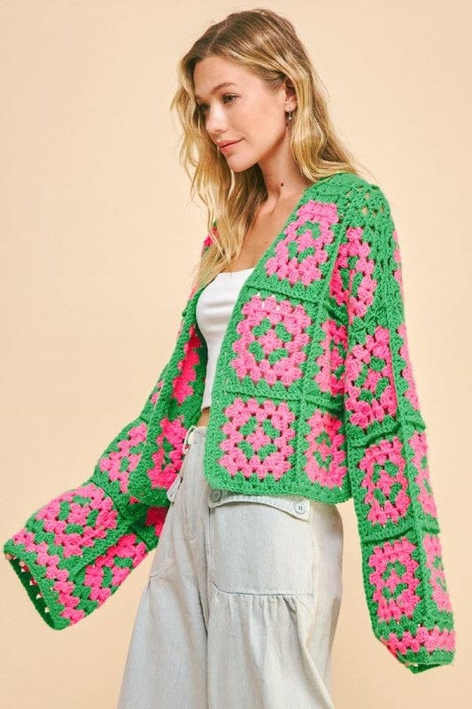 Davi &amp; Dani Full Size Two Tone Flower Square Crochet Open Front Cardigan