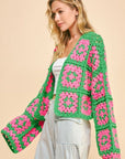 Davi & Dani Full Size Two Tone Flower Square Crochet Open Front Cardigan