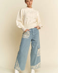 Davi & Dani Lace Applique Wide Leg Jeans