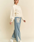 Davi & Dani Lace Applique Wide Leg Jeans