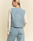 Davi & Dani Lace Patch Open Front Denim Vest