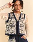 Davi & Dani Lace Patch Open Front Denim Vest