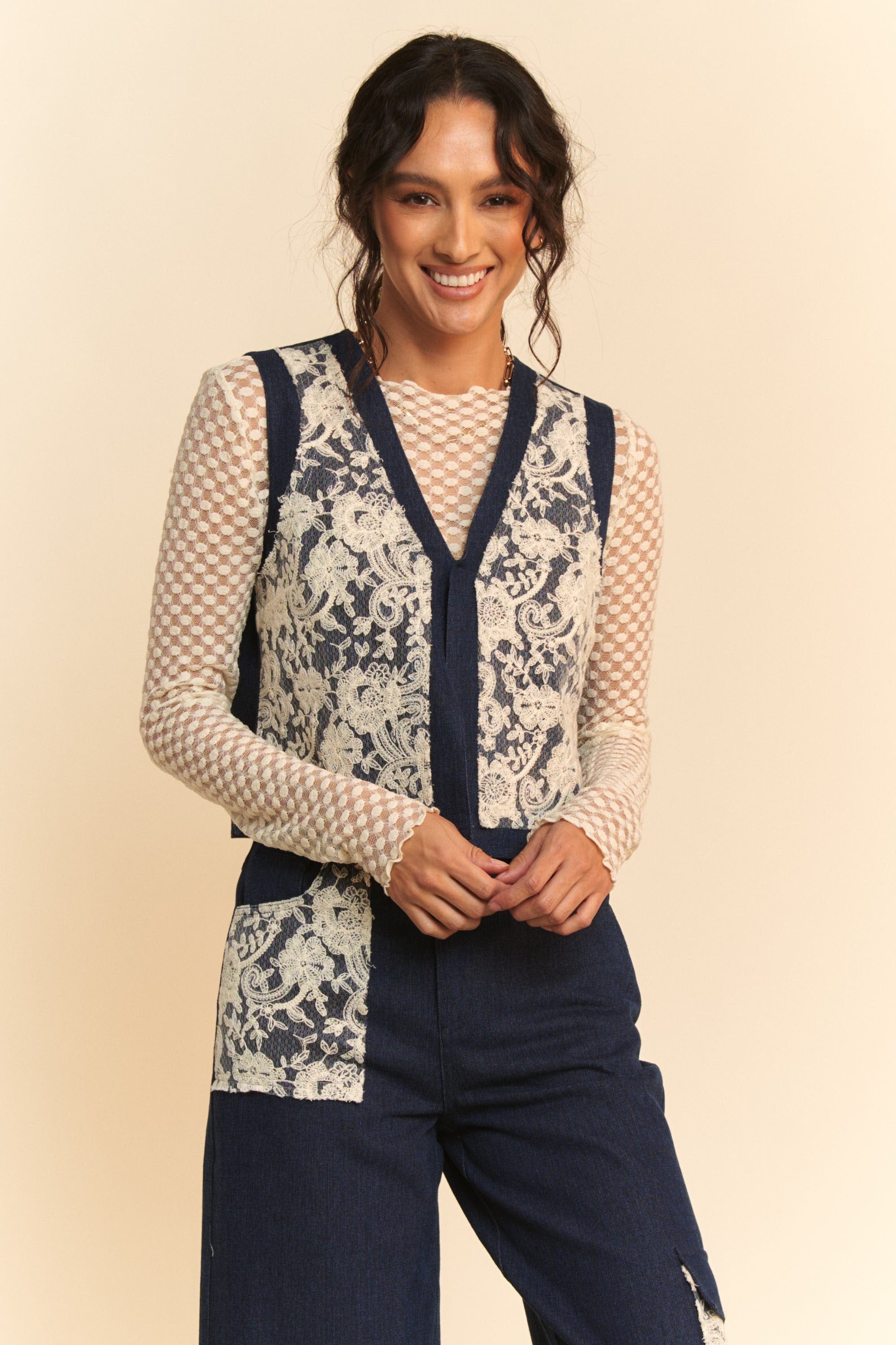 Davi &amp; Dani Lace Patch Open Front Denim Vest