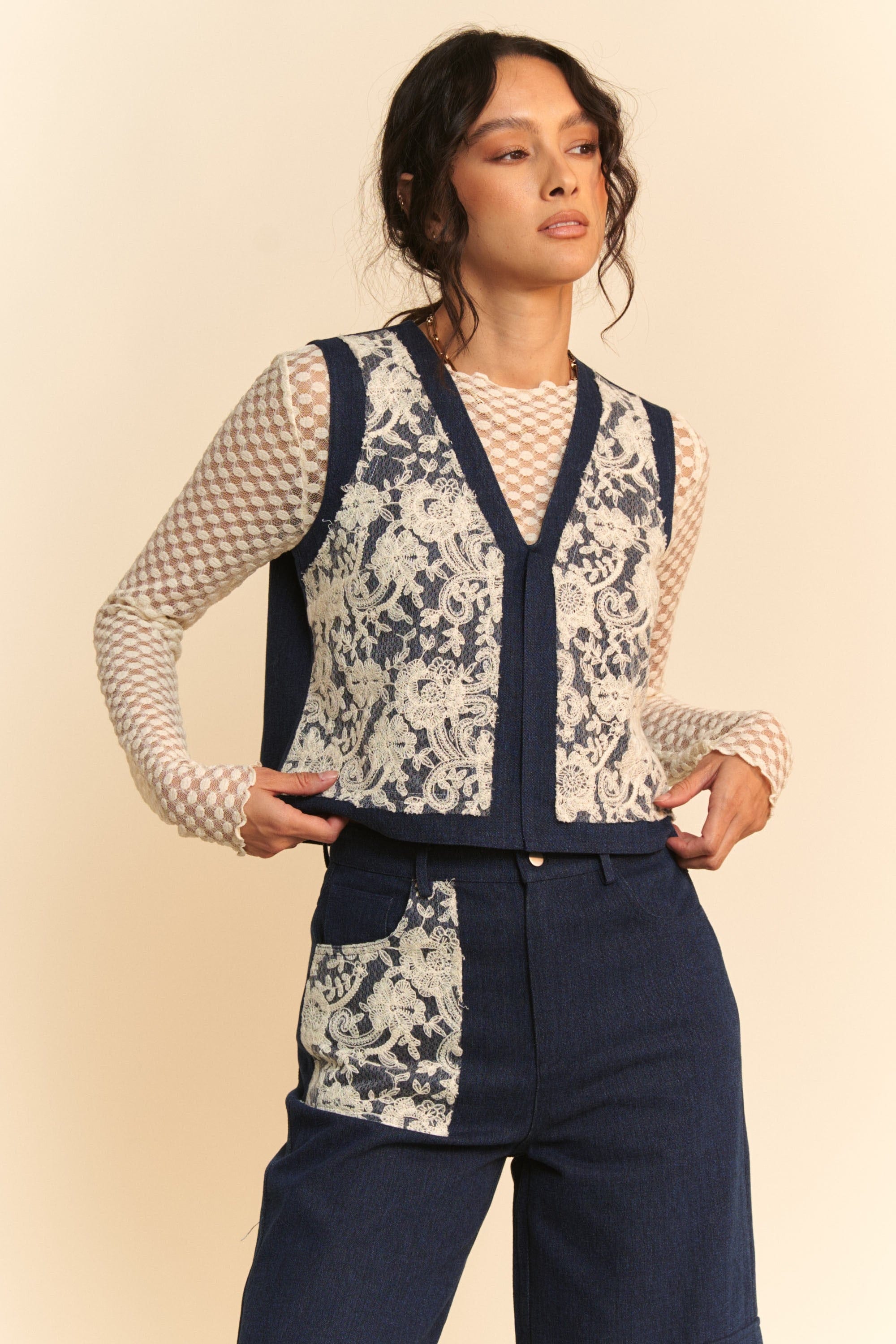 Davi &amp; Dani Lace Patch Open Front Denim Vest