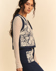 Davi & Dani Lace Patch Open Front Denim Vest