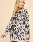 Davi & Dani Leopard Ribbon Tie Front Loose Fit Cardigan