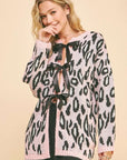 Davi & Dani Leopard Ribbon Tie Front Loose Fit Cardigan