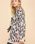 Davi & Dani Leopard Ribbon Tie Front Loose Fit Cardigan