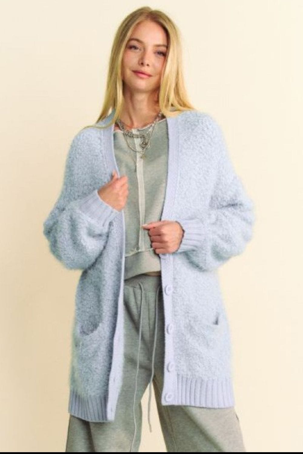 Davi &amp; Dani Ribbed Hem Button Up Long Sleeve Cardigan