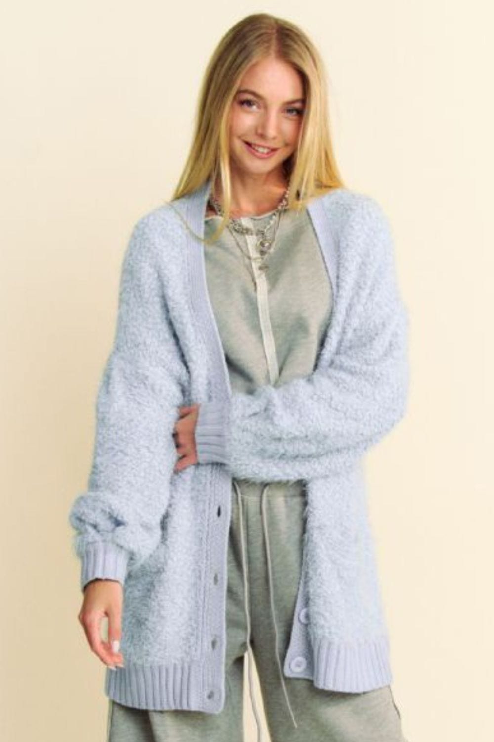 Davi &amp; Dani Ribbed Hem Button Up Long Sleeve Cardigan