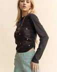 Davi & Dani Side Ruched Rhinestone and Star Detail Round Neck Top