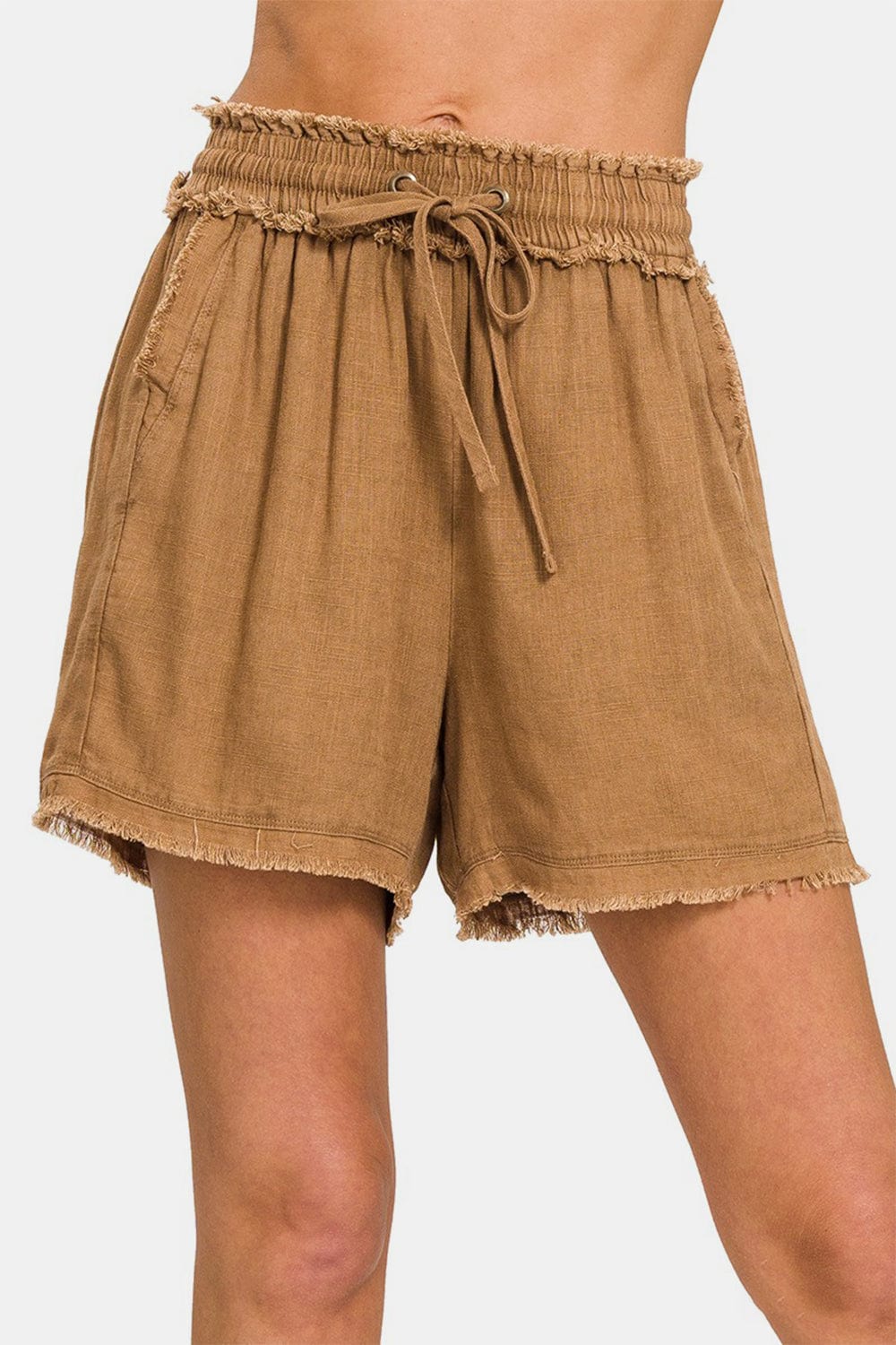 Sienna Zenana Washed Linen Frayed Hem Drawstring Shorts