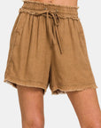 Sienna Zenana Washed Linen Frayed Hem Drawstring Shorts