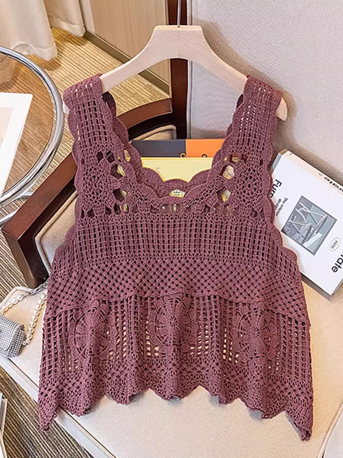 Rosy Brown Openwork Scoop Neck Tank