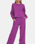 Zenana Round Neck Raglan Sleeve Top and Elastic Waist Pants Set